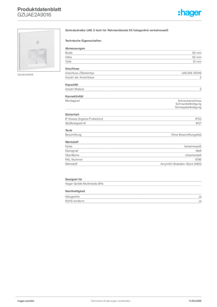 Bild Hager Produktdatenblatt GZUAE2A9016 | Hager Deutschland