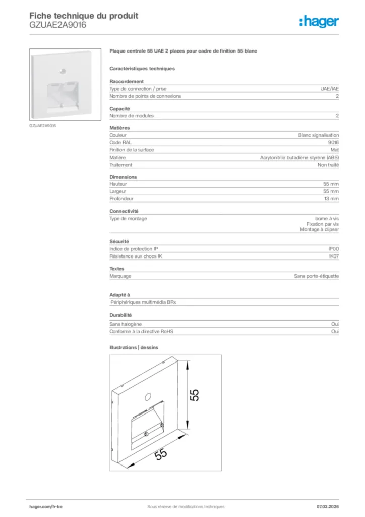 Image Hager Fiche technique du produit GZUAE2A9016 | Hager Belgique