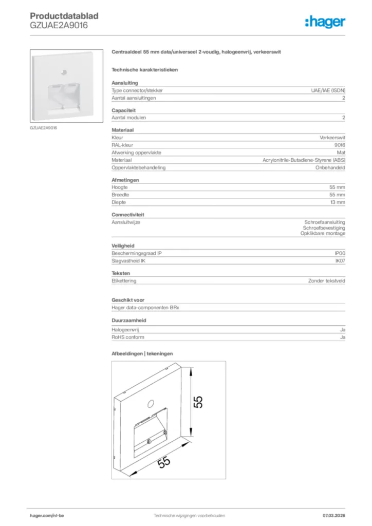 Afbeelding Hager Productdatablad GZUAE2A9016 | Hager Belgium