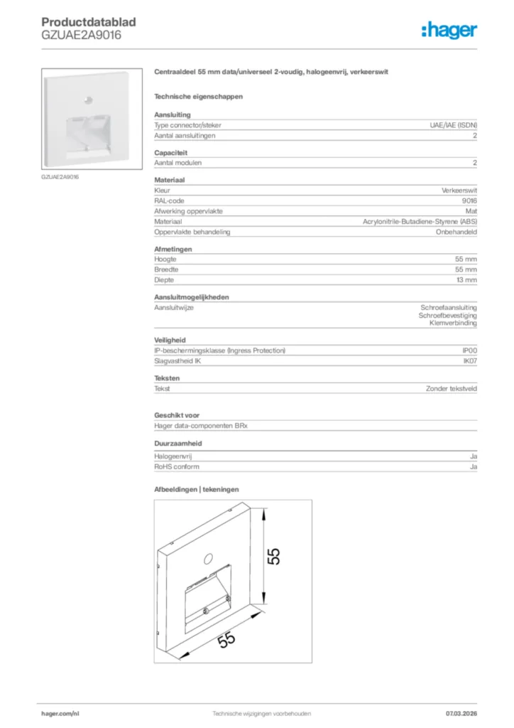 Afbeelding Hager Productdatablad GZUAE2A9016 | Hager Nederland