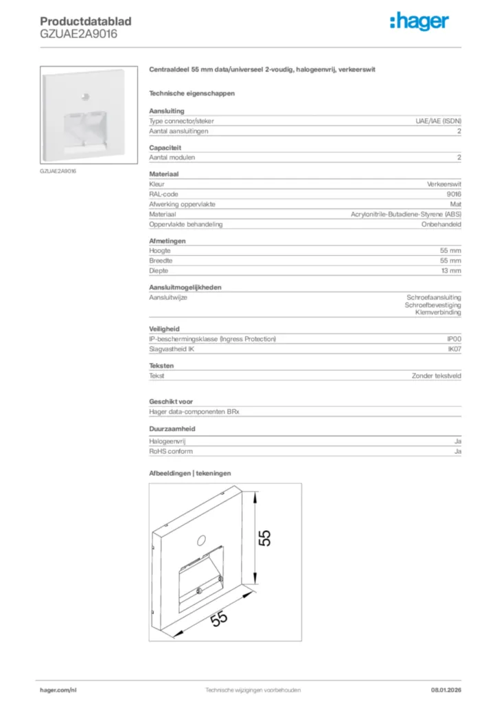 Afbeelding Hager Productdatablad GZUAE2A9016 | Hager Nederland