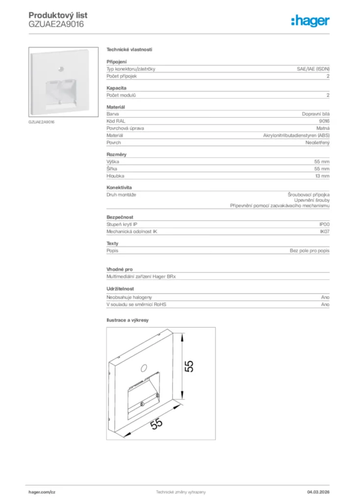 Obrázek Hager Product data sheet GZUAE2A9016 | Hager