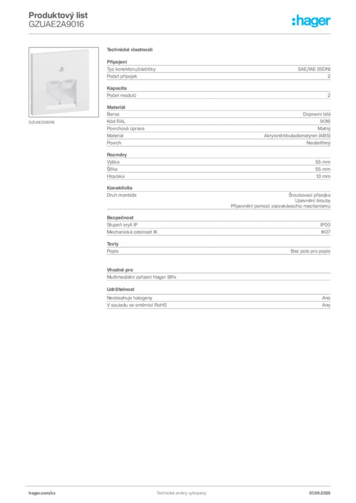 Obrázek Hager Produktový list GZUAE2A9016 | Hager