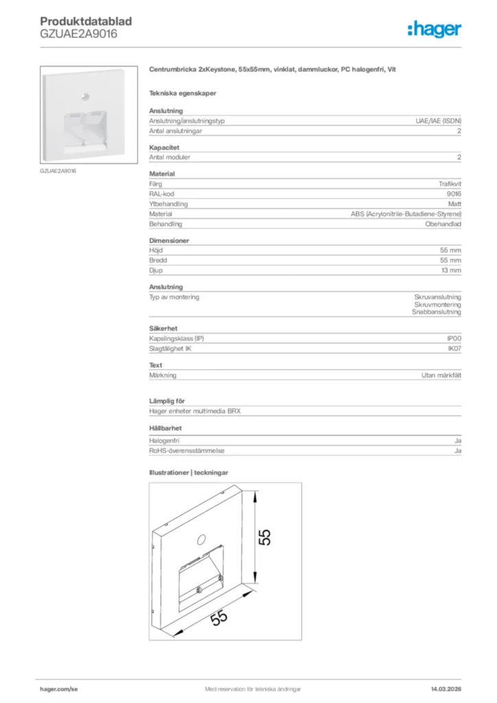 Bild Hager Produktdatablad GZUAE2A9016 | Hager Sverige