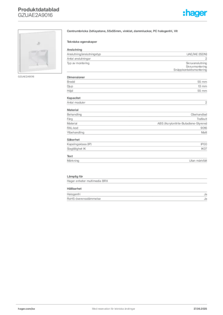 Bild Hager Produktdatablad GZUAE2A9016 | Hager Sverige