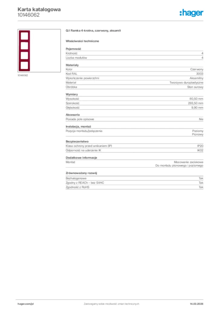 Zdjęcie Hager Karta katalogowa 10146062 | Hager Polska