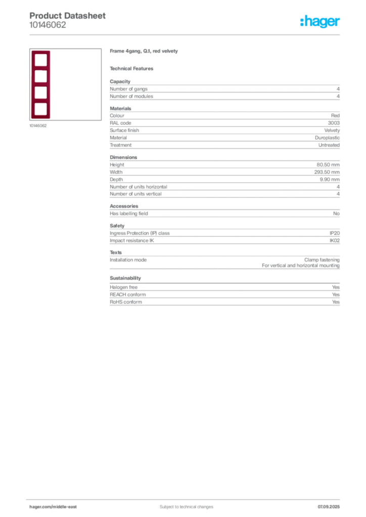 Image Hager Product data sheet 10146062  | Hager