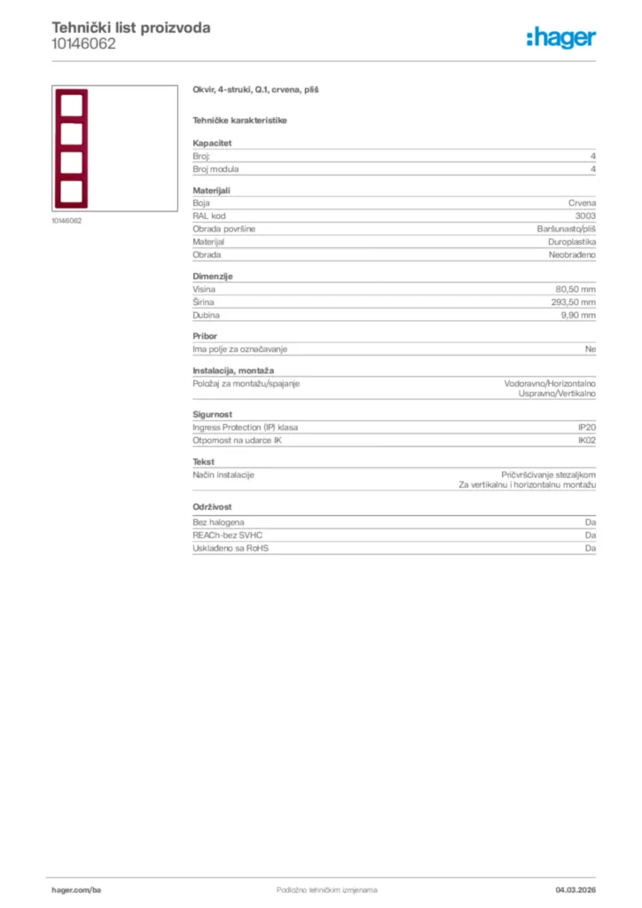 Slika Hager Tehnički list proizvoda 10146062  | Hager