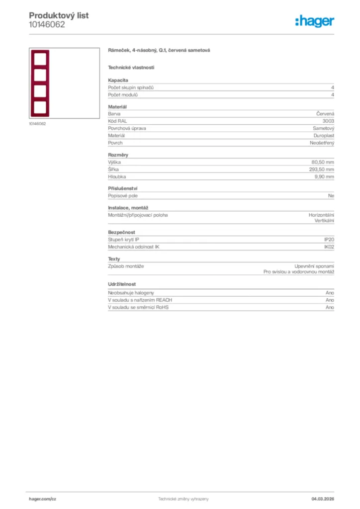 Obrázek Hager Product data sheet 10146062 | Hager