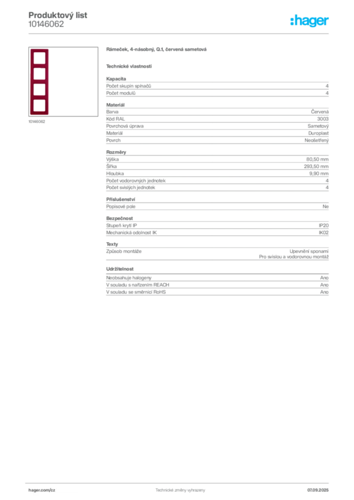 Obrázek Hager Produktový list 10146062 | Hager