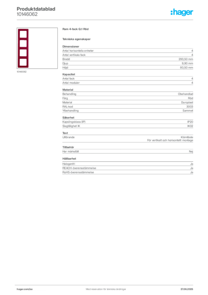 Bild Hager Produktdatablad 10146062 | Hager Sverige