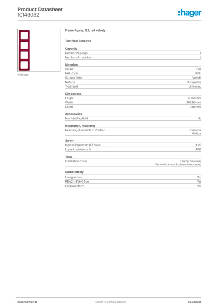 Image Hager Product data sheet 10146062  | Hager