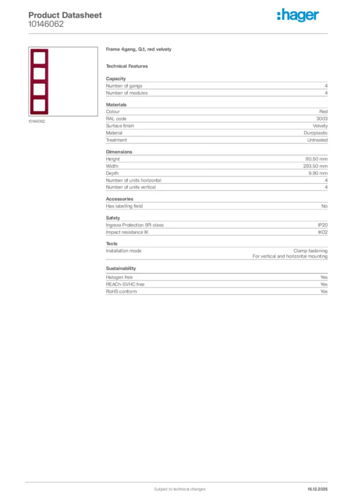 Image Hager Product data sheet 10146062  | Hager