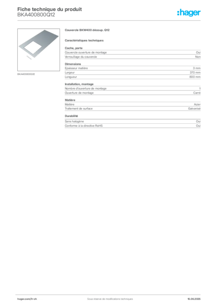 Image Hager Fiche technique du produit BKA400800Q12 | Hager Suisse