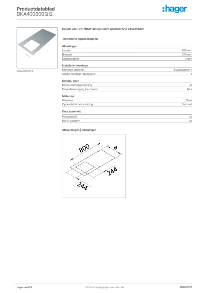 Afbeelding Hager Productdatablad BKA400800Q12 | Hager Nederland