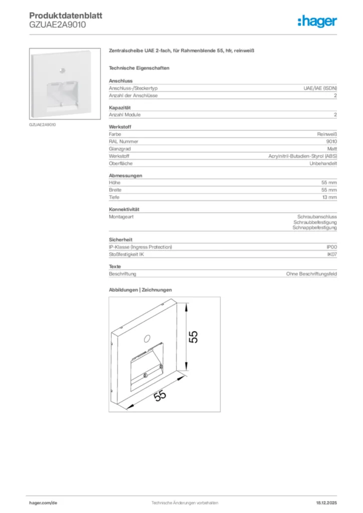 Bild Hager Produktdatenblatt GZUAE2A9010 | Hager Deutschland
