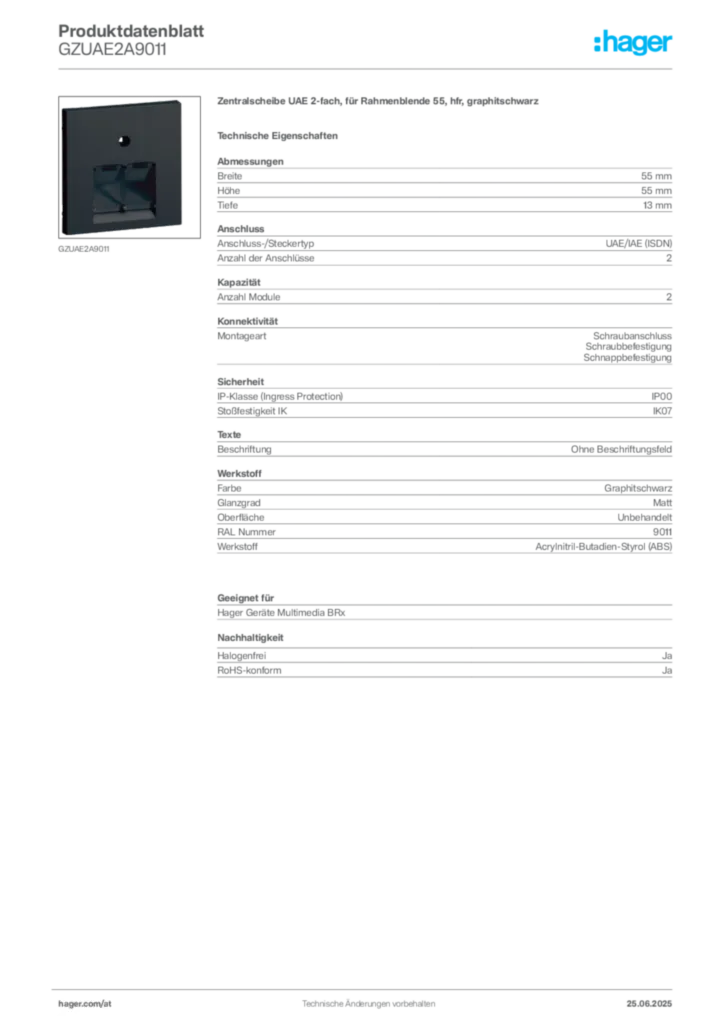 Bild Hager Produktdatenblatt GZUAE2A9011 | Hager Deutschland