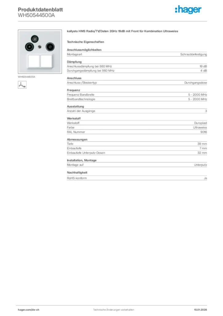 Bild Hager Produktdatenblatt WH50544500A | Hager Schweiz