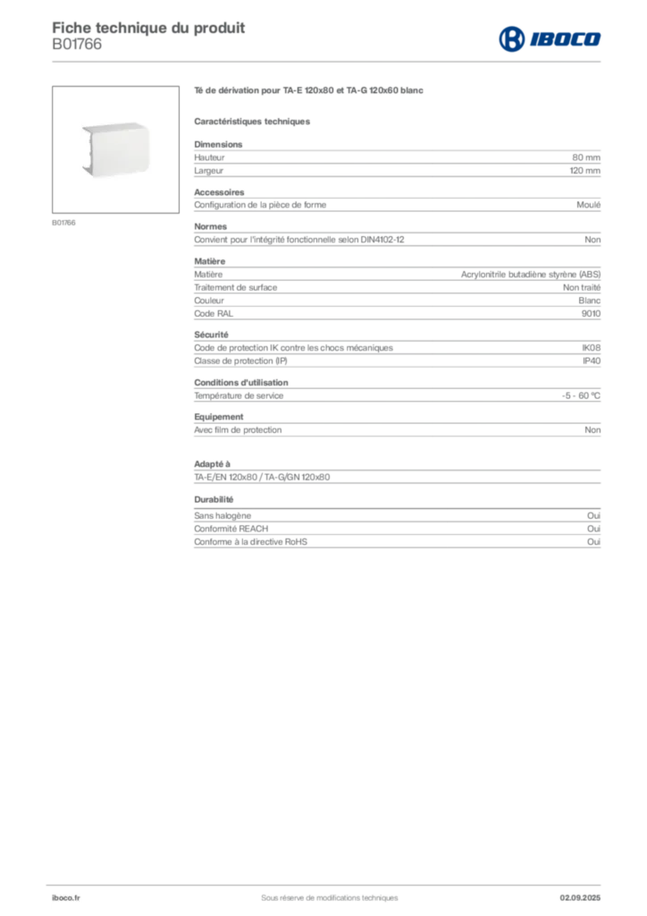 Image Iboco Fiche technique du produit B01766 | Hager France