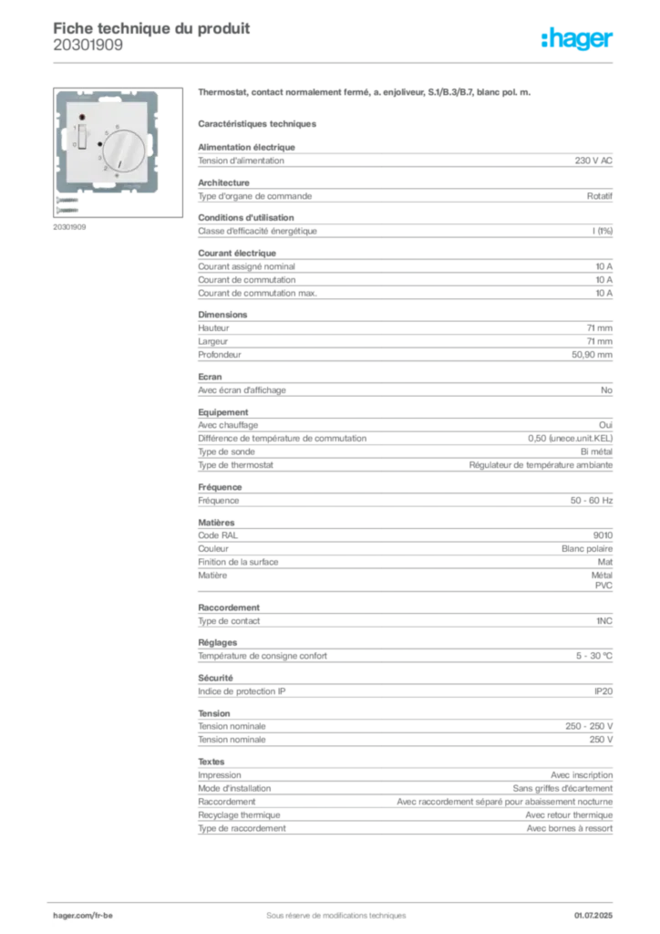 Image Hager Fiche technique du produit 20301909 | Hager Belgique