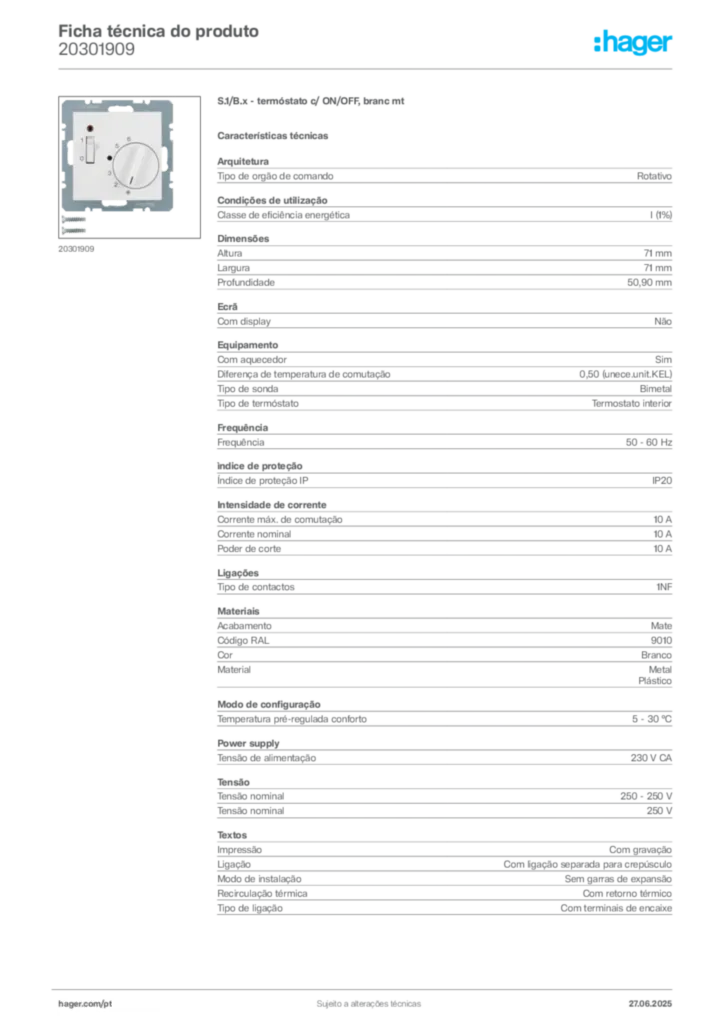 Imagem Hager Ficha técnica do produto 20301909 | Hager Portugal