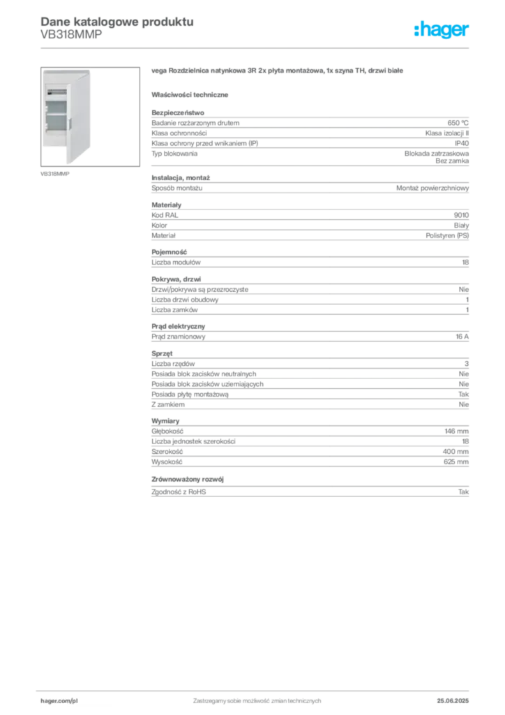 Zdjęcie Hager Karta katalogowa VB318MMP | Hager Polska