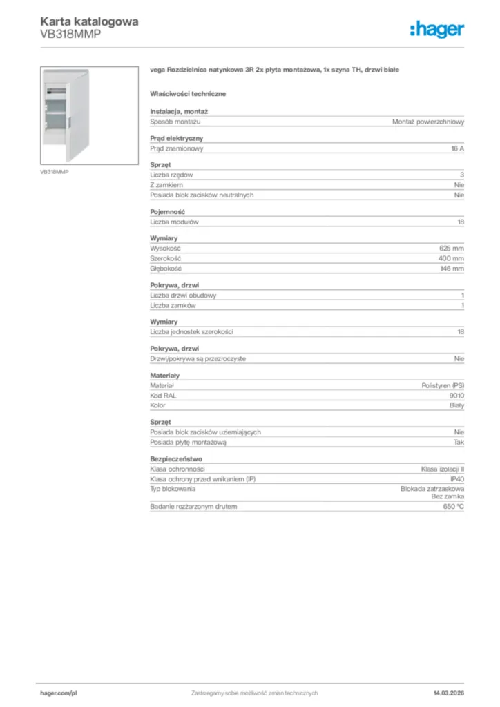 Zdjęcie Hager Karta katalogowa VB318MMP | Hager Polska