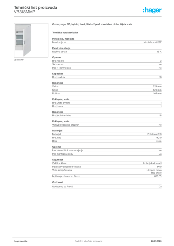 Slika Hager Product data sheet VB318MMP  | Hager