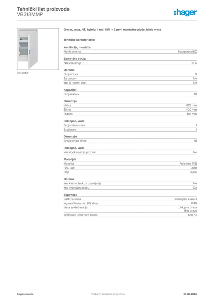 Slika Hager Tehnički list proizvoda VB318MMP  | Hager