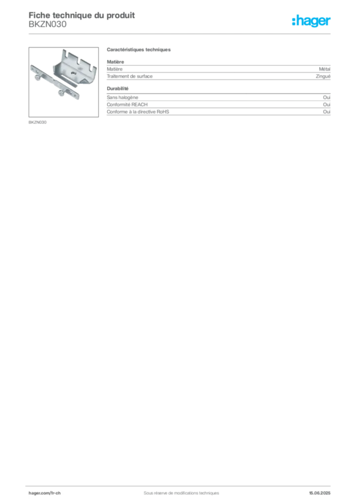 Image Hager Fiche technique du produit BKZN030 | Hager Suisse