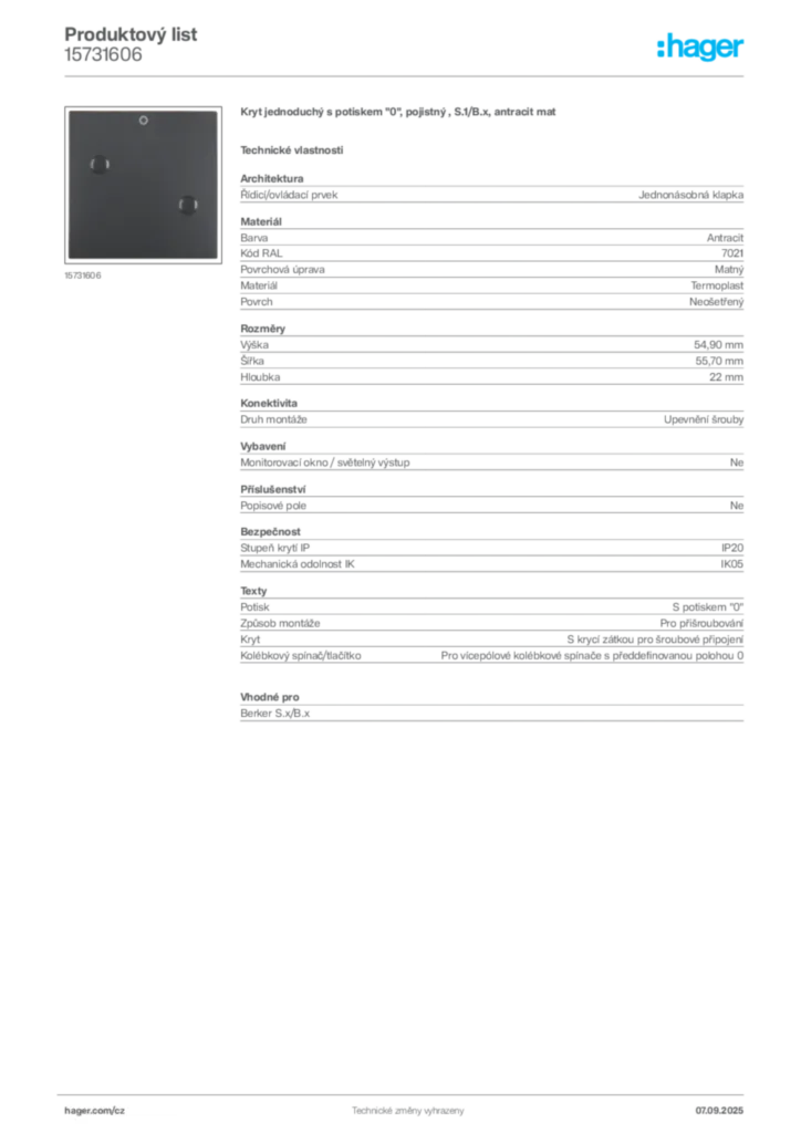 Obrázek Hager Produktový list 15731606 | Hager