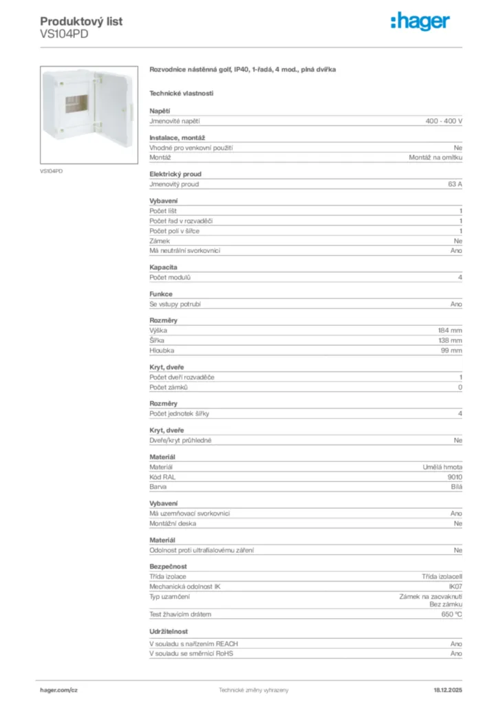 Obrázek Hager Produktový list VS104PD | Hager