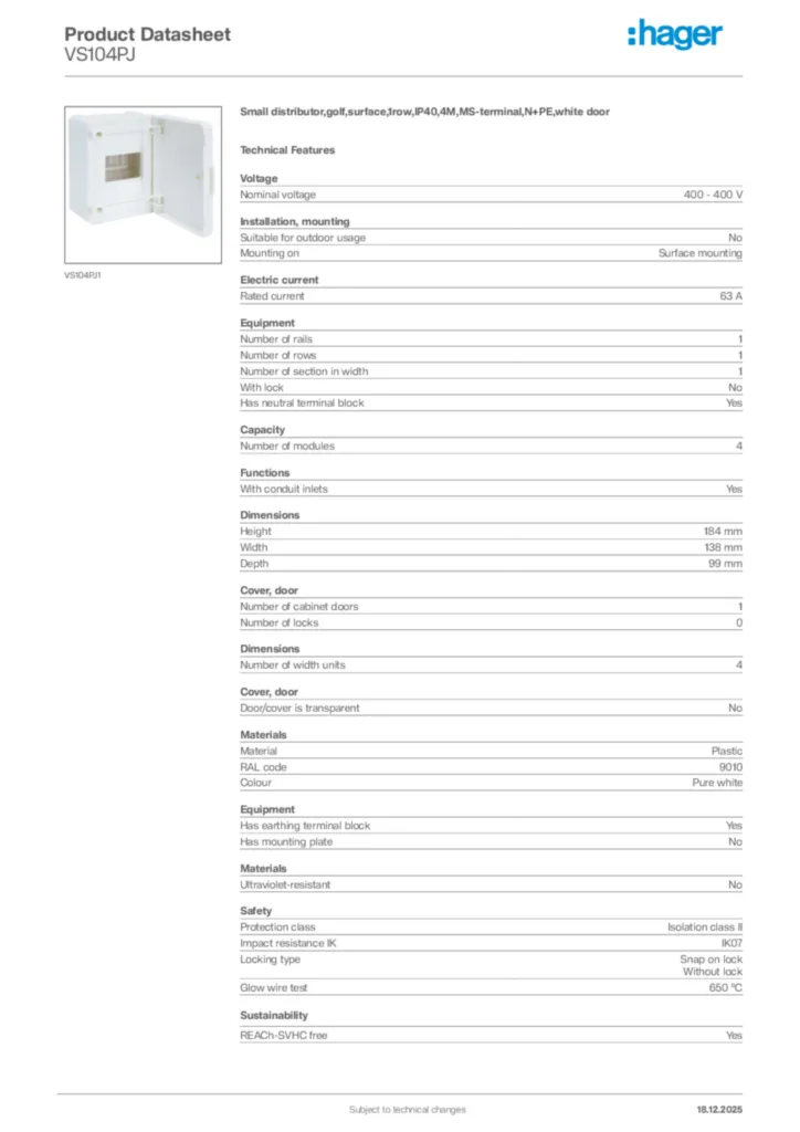 Image Hager Product data sheet VS104PJ  | Hager Africa