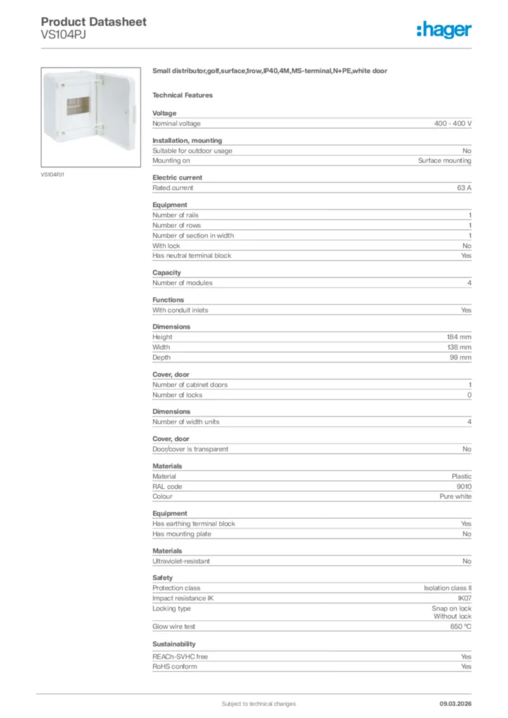 Image Hager Product data sheet VS104PJ  | Hager Africa