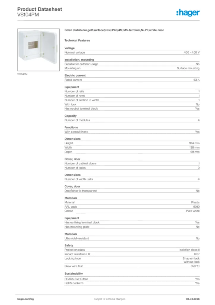 Image Hager Product data sheet VS104PM  | Hager