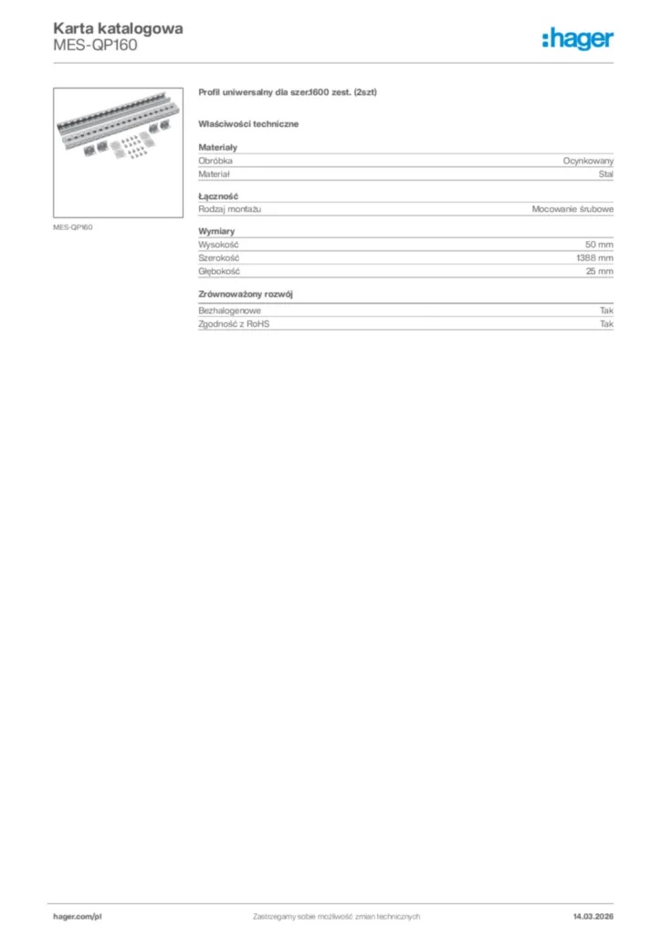 Zdjęcie Hager Karta katalogowa MES-QP160 | Hager Polska