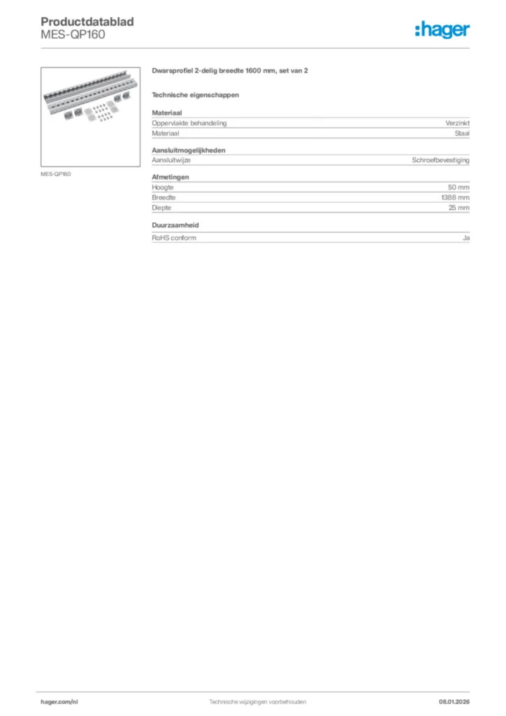 Afbeelding Hager Productdatablad MES-QP160 | Hager Nederland