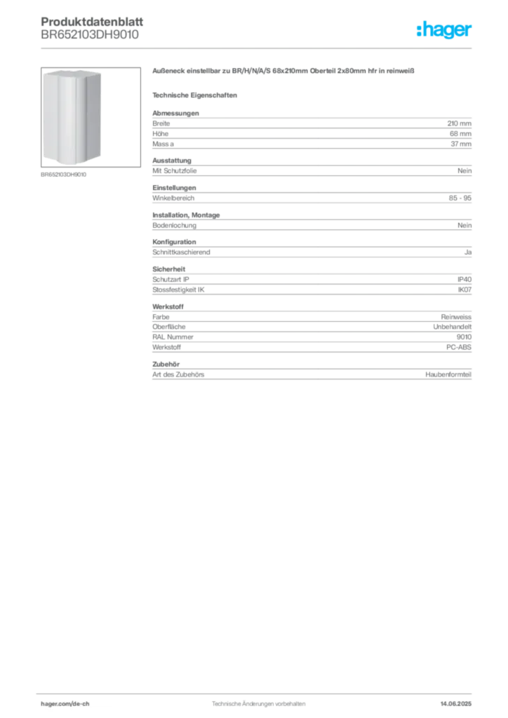 Bild Hager Produktdatenblatt BR652103DH9010 | Hager Schweiz