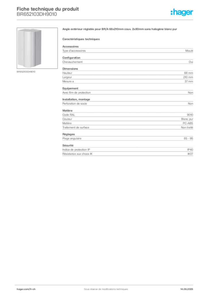 Image Hager Fiche technique du produit BR652103DH9010 | Hager Suisse