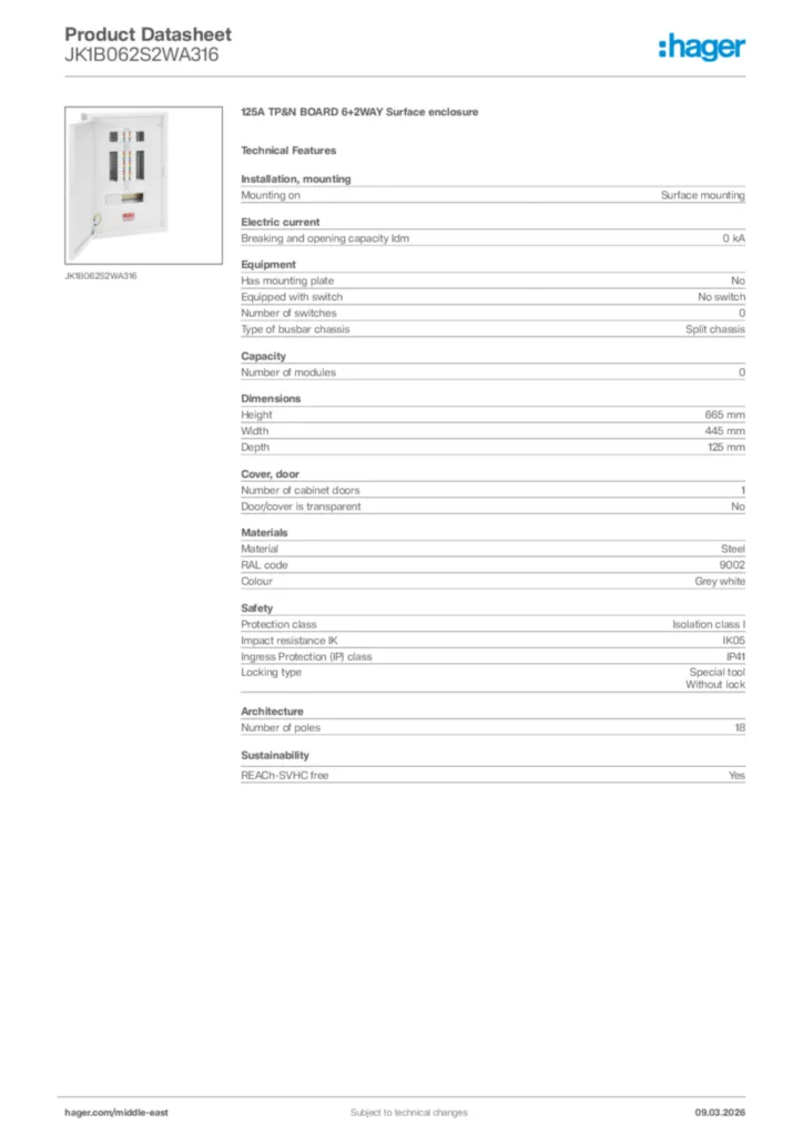 Image Hager Product data sheet JK1B062S2WA316  | Hager