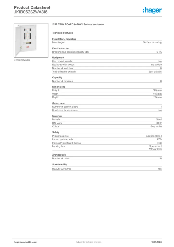Image Hager Product data sheet JK1B062S2WA316  | Hager