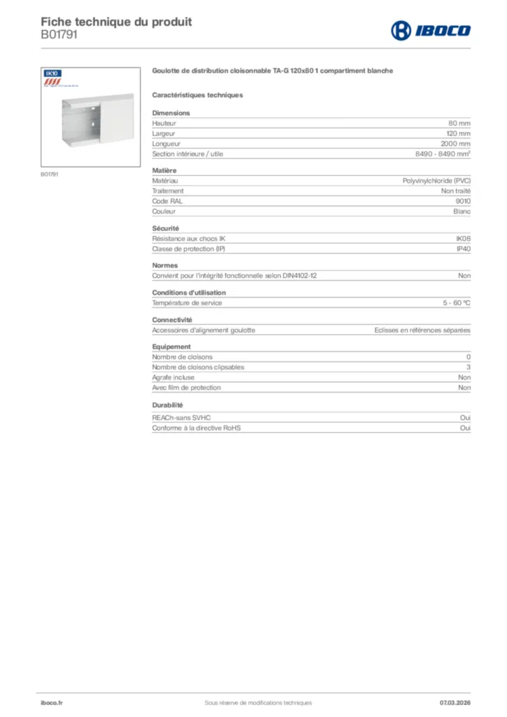 Image Iboco Fiche technique du produit B01791 | Hager France