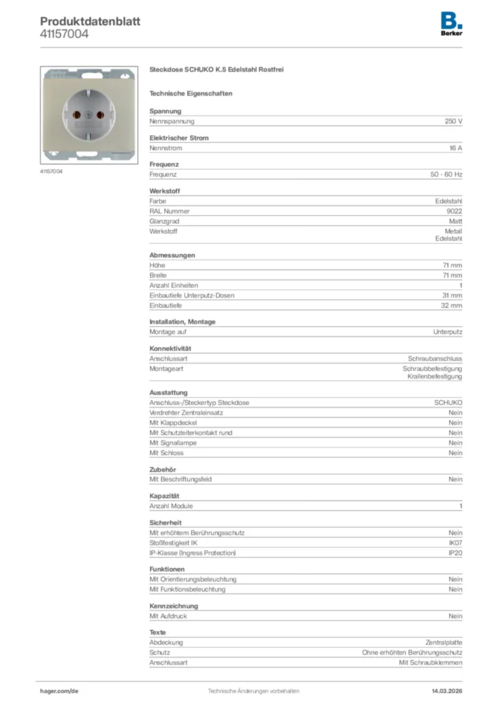 Bild Berker Produktdatenblatt 41157004 | Hager Deutschland