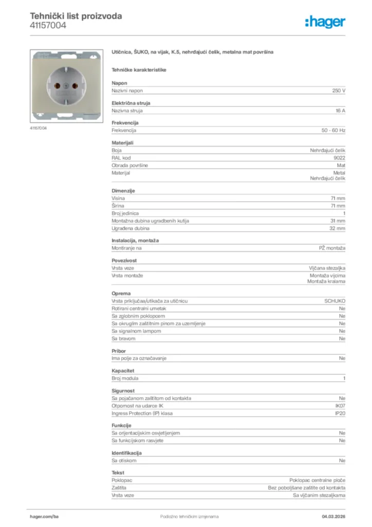 Slika Hager Tehnički list proizvoda 41157004  | Hager