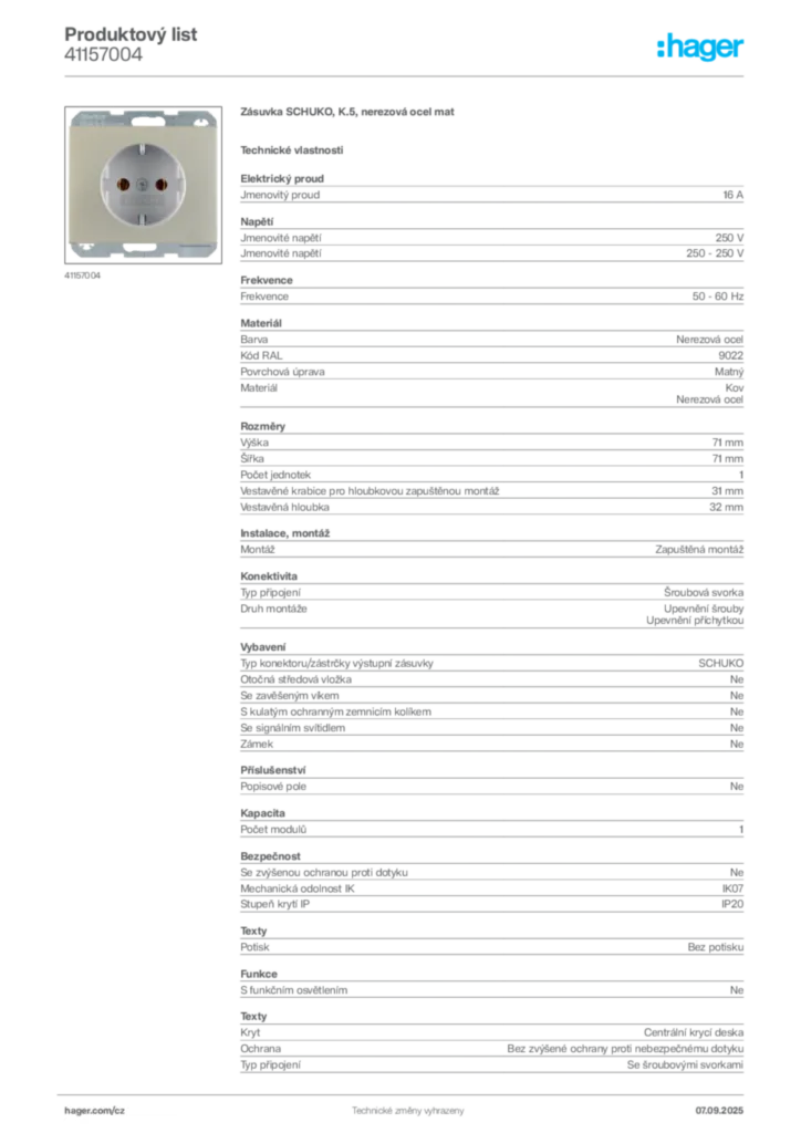 Obrázek Hager Produktový list 41157004 | Hager