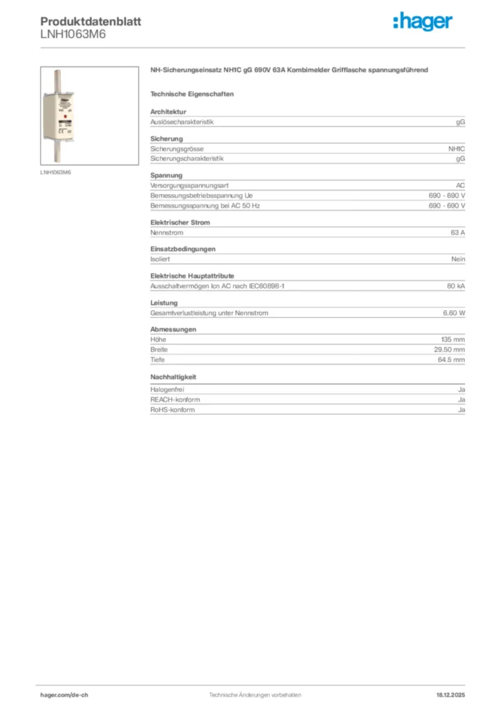 Bild Hager Produktdatenblatt LNH1063M6 | Hager Schweiz