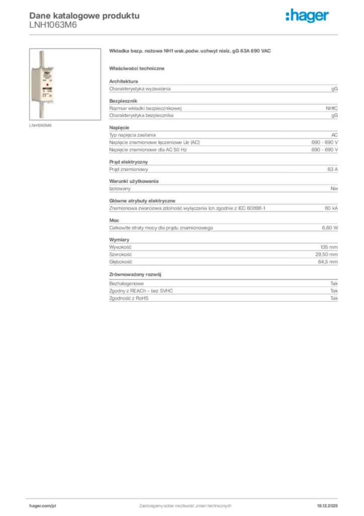 Zdjęcie Hager Karta katalogowa LNH1063M6 | Hager Polska