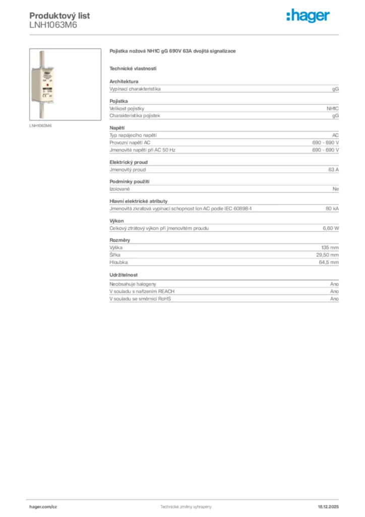 Obrázek Hager Produktový list LNH1063M6 | Hager