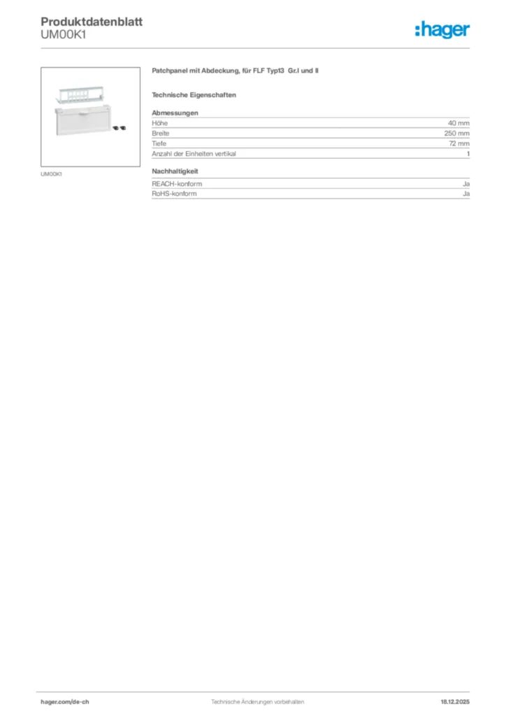 Bild Hager Produktdatenblatt UM00K1 | Hager Schweiz