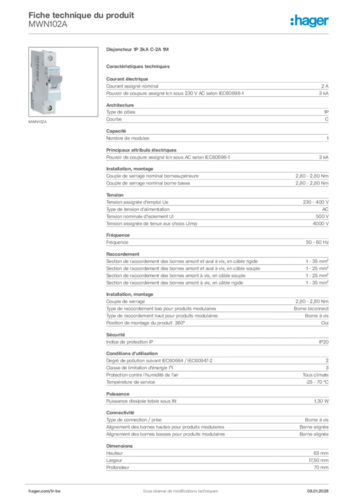 Image Hager Fiche technique du produit MWN102A | Hager Belgique